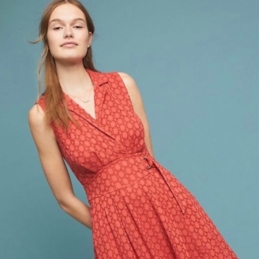 Anthropologie Elm Sleeveless Eyelet Lace Collared Dress, Red, Size: 14 US